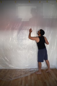 Jamie inspecting the plastic lining